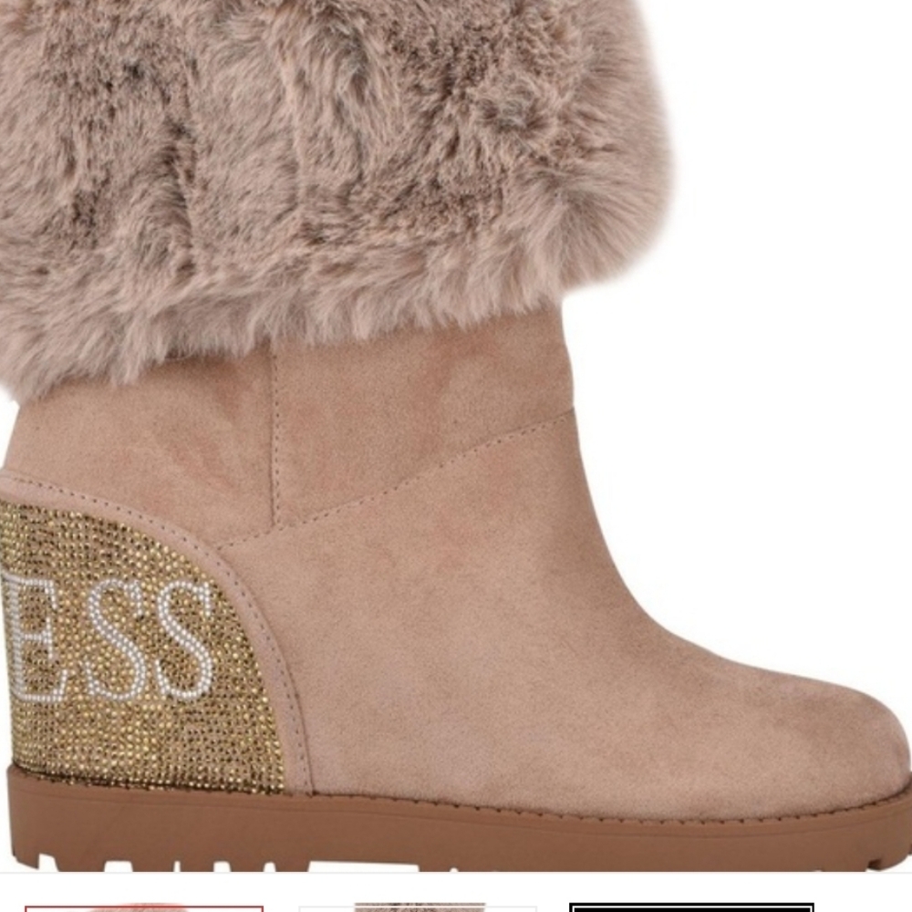 Guess Women's Beige Fur-Trimmed Wedge Boots with Gold Accents 9.5